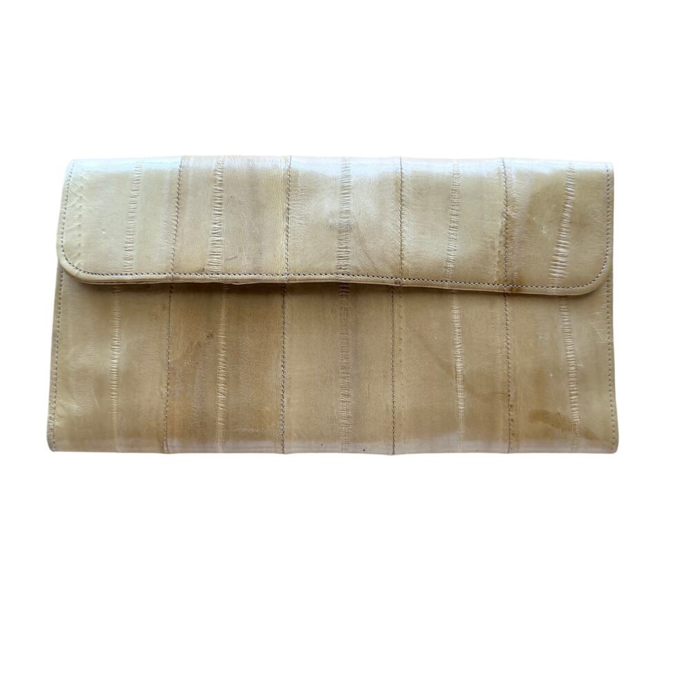 Vintage light tan eel skin leather folded wallet flap snap closure made in Korea